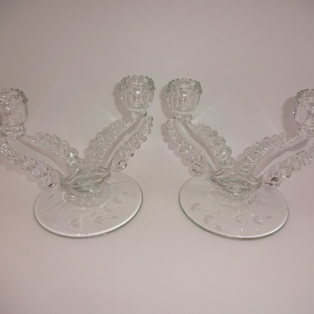 Pair 2 Vintage 1940s Glass Paden City Susquehanna Double Candlesticks Set Etched